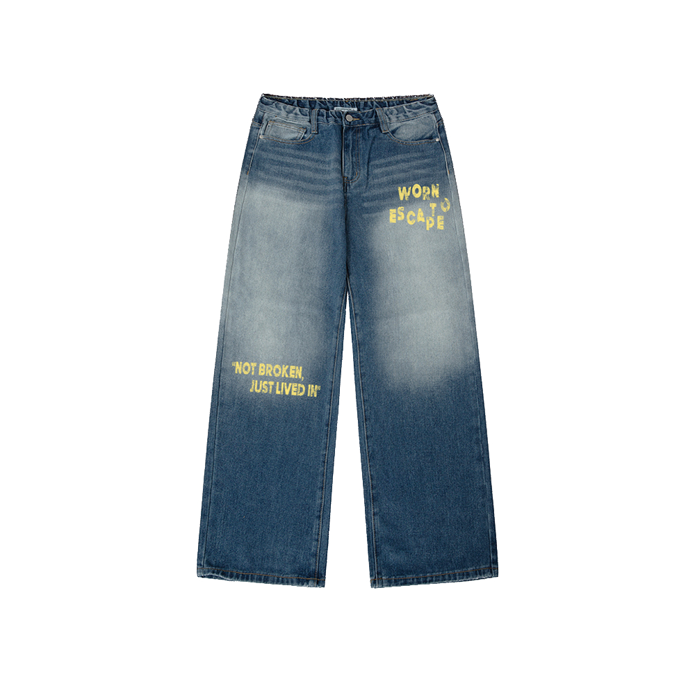 E252DP017BL Escapefrom Worn to Escape Print Banded Washed Denim Pants Medium Blue