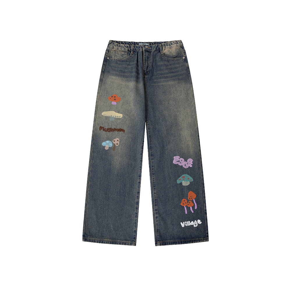 E252DP012VT Escapefrom Mushroom Village Print Banded Washed Denim Pants Vintage