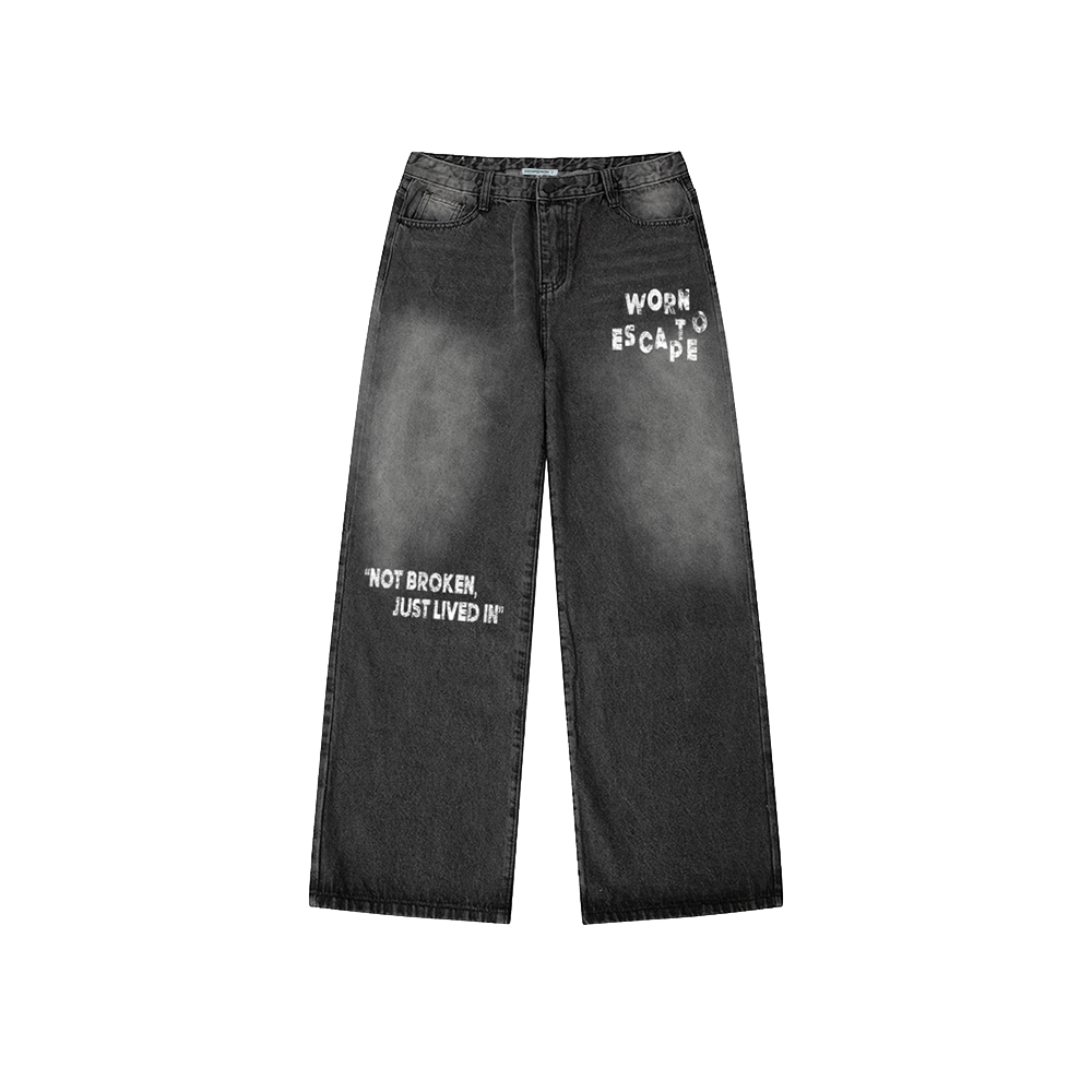 이스케이프프롬 worn to escape 프린트 밴딩 워싱 데님 팬츠 흑청(Escapefrom Worn to Escape Print Banded Washed Denim Pants Charcoal)