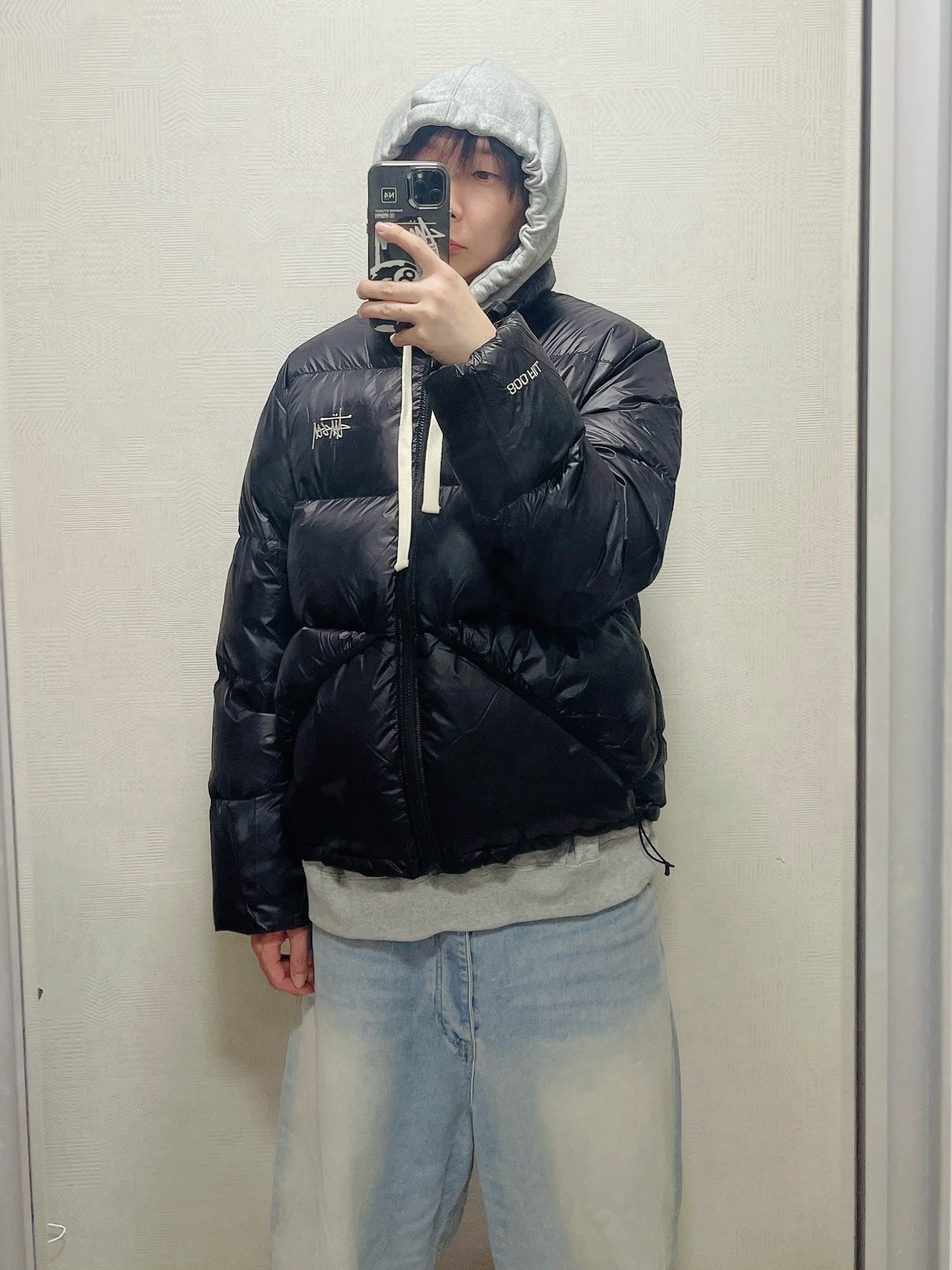 Stussy Micro Ripstop Down Jacket Jet Black, Supreme Small Box Drawcord Hooded Sweatshirt Heather Grey - 23FW 착용 스타일 - 2