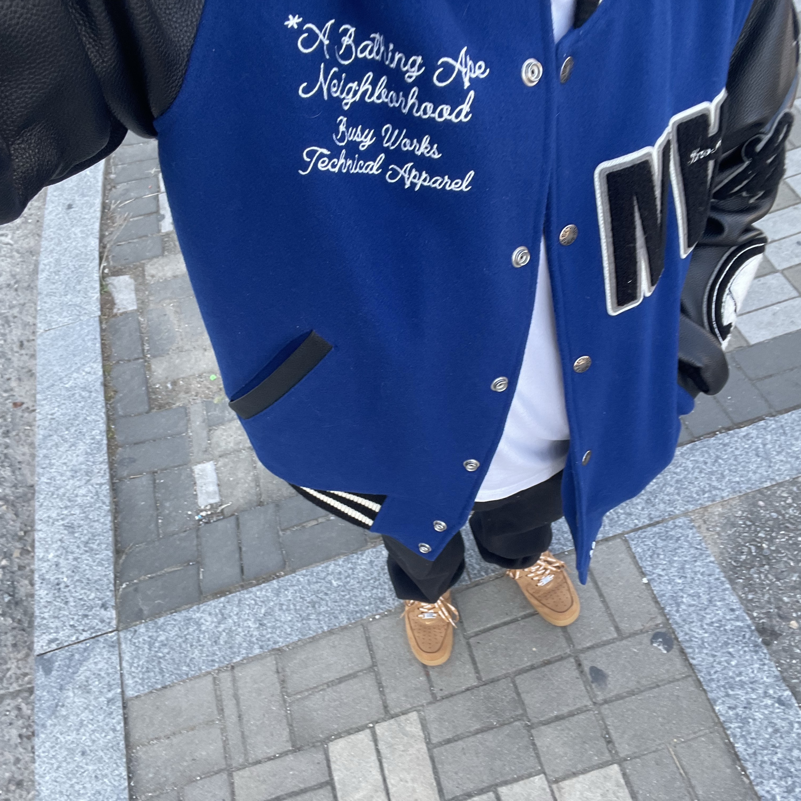 BAPE x Neighborhood Varsity Jacket Blue Black - Neighborhood Exclusive 착용 스타일