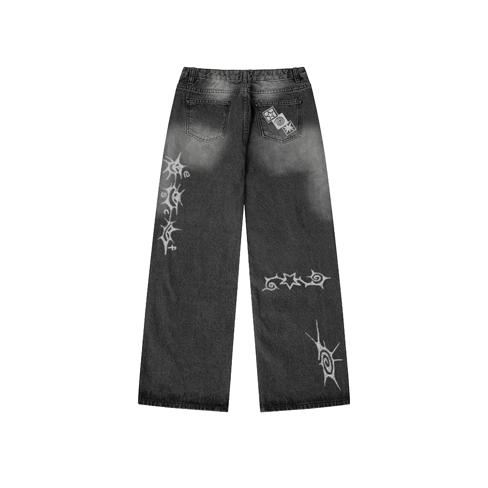 이스케이프프롬 드로잉 포인트 프린트 밴딩 워싱 데님 팬츠 흑청(Escapefrom Drawing Point Print Banded Washed Denim Pants Charcoal)