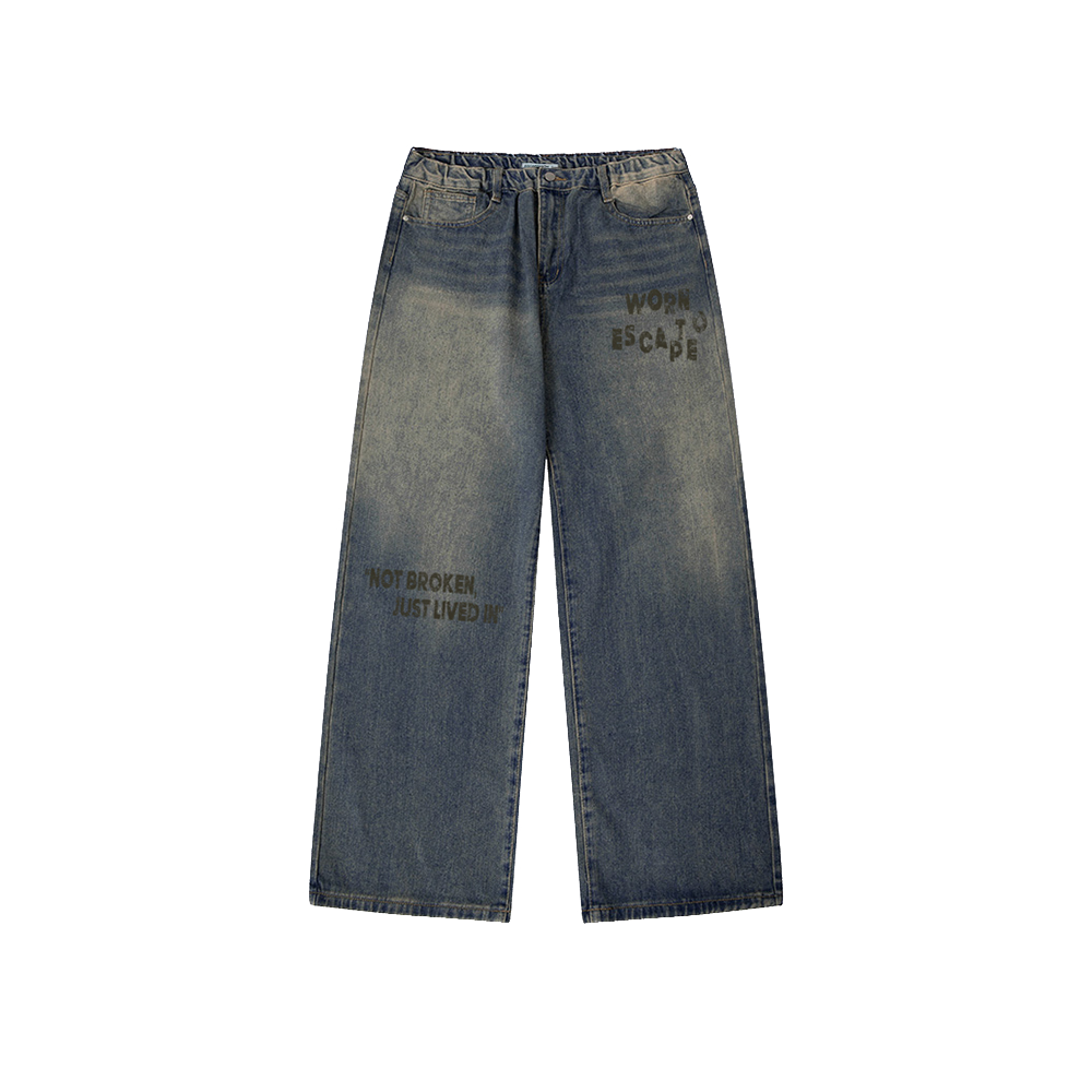 이스케이프프롬 worn to escape 프린트 밴딩 워싱 데님 팬츠 빈티지(Escapefrom Worn to Escape Print Banded Washed Denim Pants Vintage)