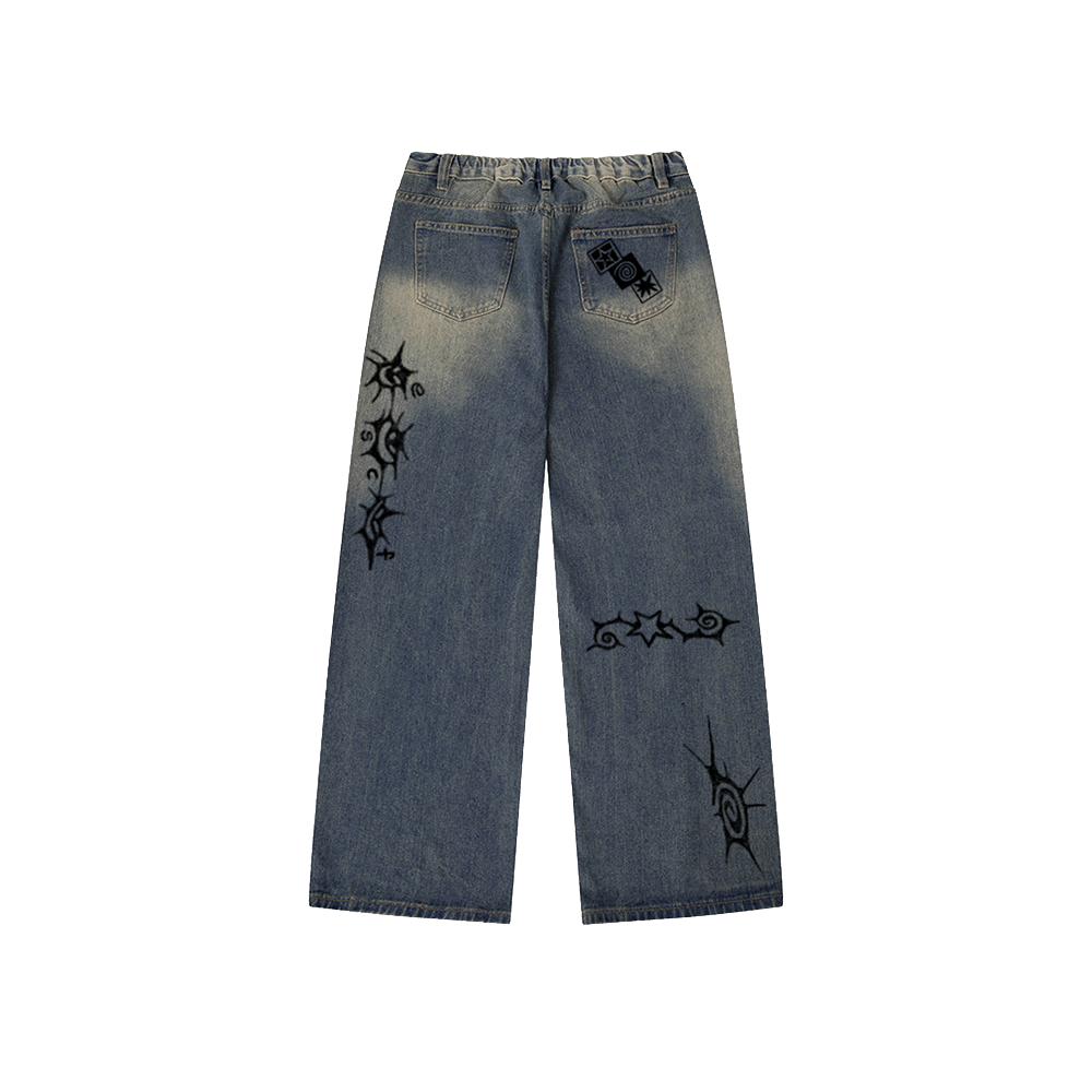 E252DP016VT Escapefrom Drawing Point Print Banded Washed Denim Pants Vintage