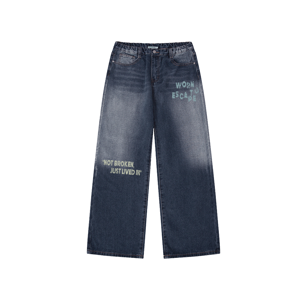 이스케이프프롬 worn to escape 프린트 밴딩 워싱 데님 팬츠 진청(Escapefrom Worn to Escape Print Banded Washed Denim Pants Deep Blue)