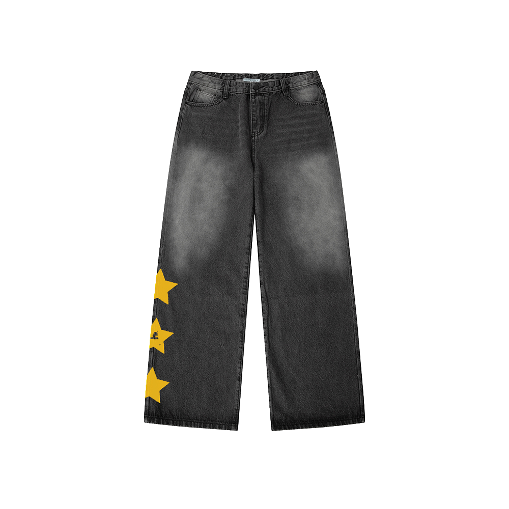 E252DP007BK Escapefrom ESCF People Print Banded Washed Denim Pants Charcoal