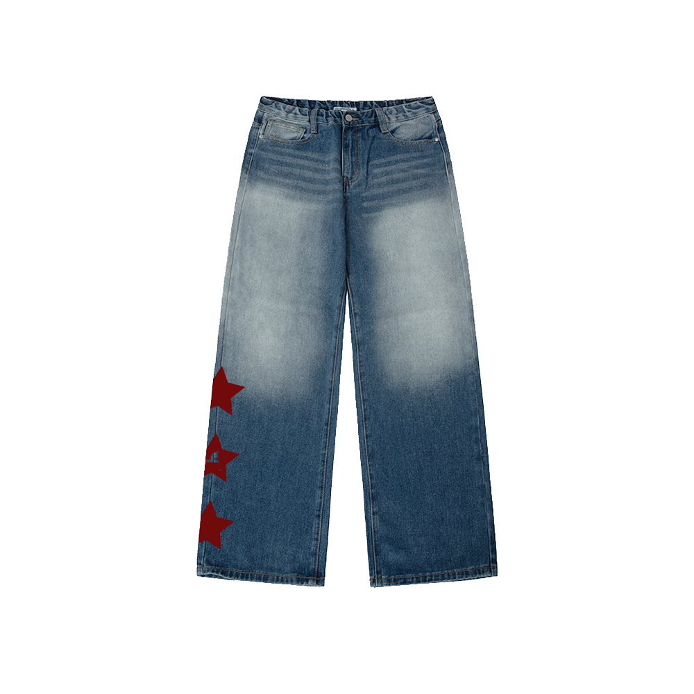 E252DP005BL Escapefrom ESCF People Print Banded Washed Denim Pants Medium Blue