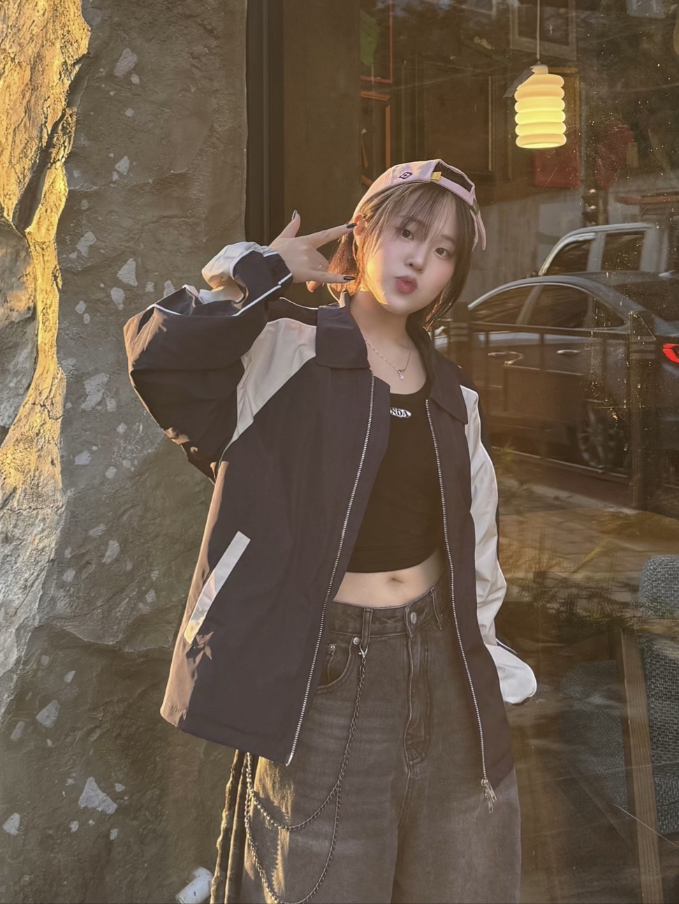 SLOW RECORD HOUSE Piping Line Windbreaker Navy 착용 스타일 - 6