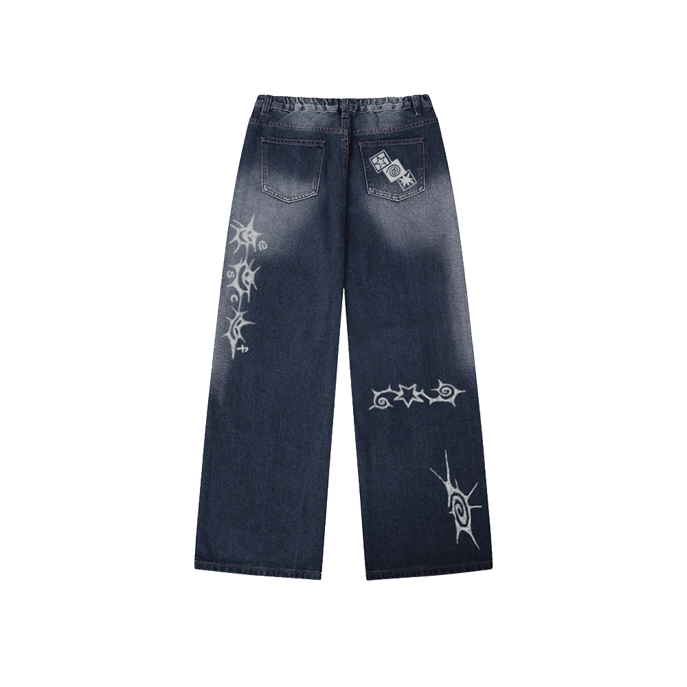 E252DP014DB Escapefrom Drawing Point Print Banded Washed Denim Pants Deep Blue