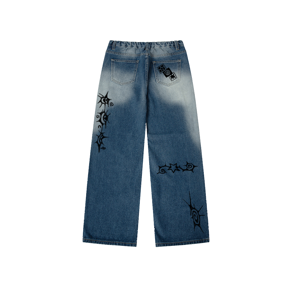 이스케이프프롬 드로잉 포인트 프린트 밴딩 워싱 데님 팬츠 중청(Escapefrom Drawing Point Print Banded Washed Denim Pants Medium Blue)