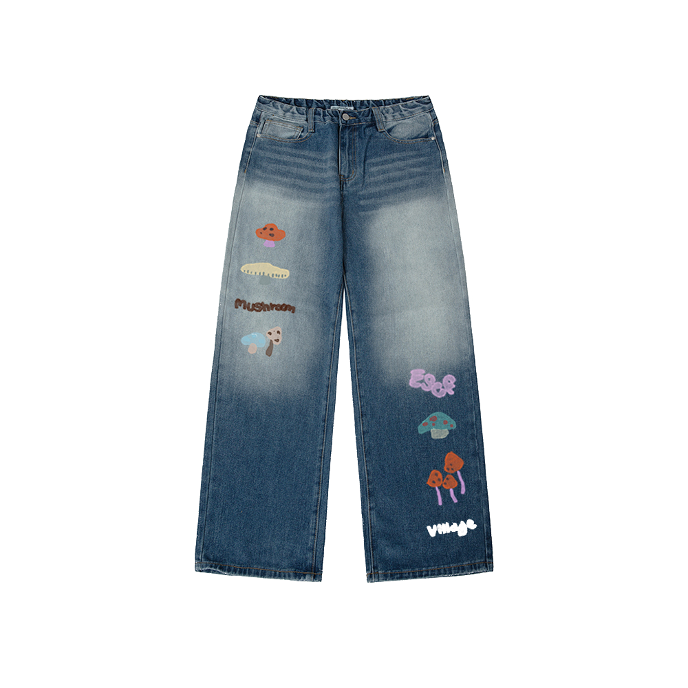 E252DP009BL Escapefrom Mushroom Village Print Banded Washed Denim Pants Medium Blue