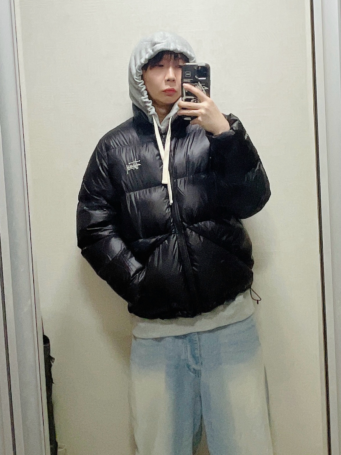 Stussy Micro Ripstop Down Jacket Jet Black, Supreme Small Box Drawcord Hooded Sweatshirt Heather Grey - 23FW 착용 스타일 - 1