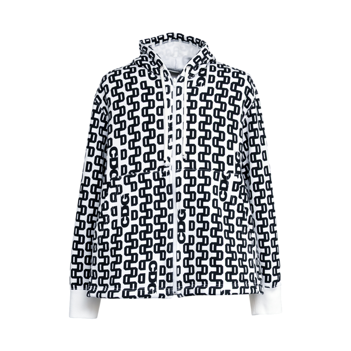 CDG 올오버 패턴 집 후드 스웨트셔츠 화이트 블랙(CDG Allover Pattern Zip Hooded Sweatshirt White Black) - 1