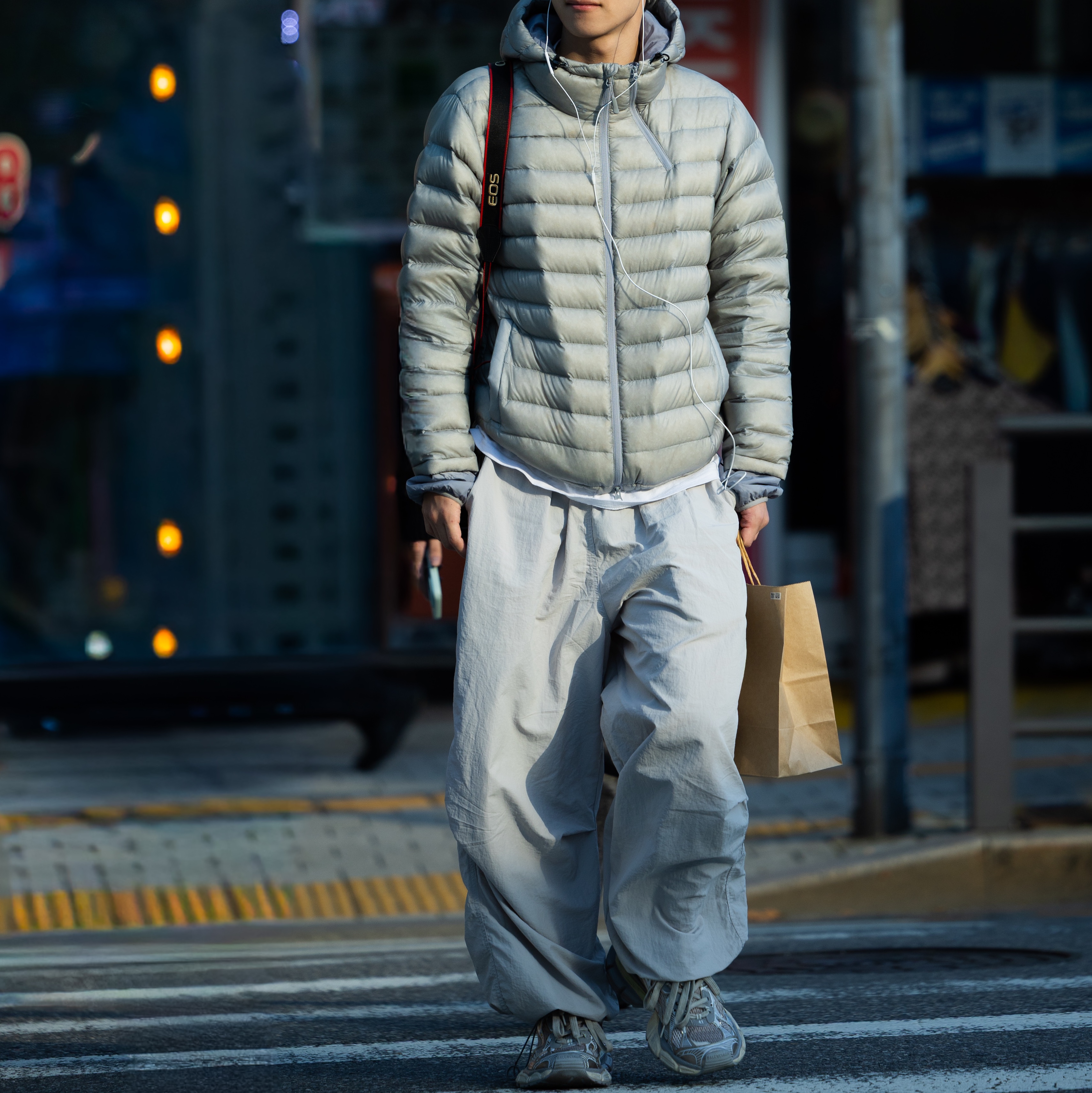Sansan Gear Logo Beanie White, Sansan Gear Suffix Puffer Jacket Grey - 24FW 착용 스타일 - 2