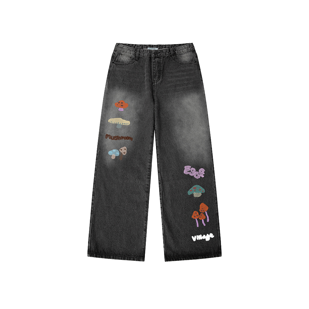 이스케이프프롬 머쉬룸 빌리지 프린트 밴딩 워싱 데님 팬츠 흑청(Escapefrom Mushroom Village Print Banded Washed Denim Pants Charcoal)