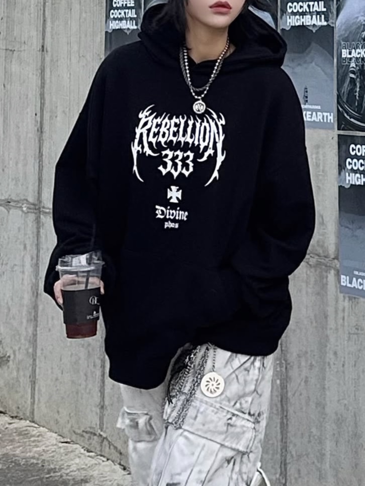 PHOS333 Rebellion 333 Hoodie Black, PHOS333 Rebellion 333 Hoodie Melange White 착용 스타일 - 3