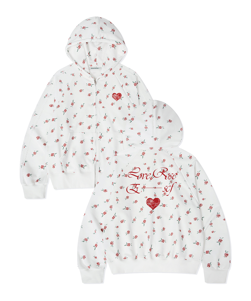 E252RHZ002RR Escapefrom Love & Crayon Rose Full Print Lace Track Two-Way Hood Zip-Up Ivory