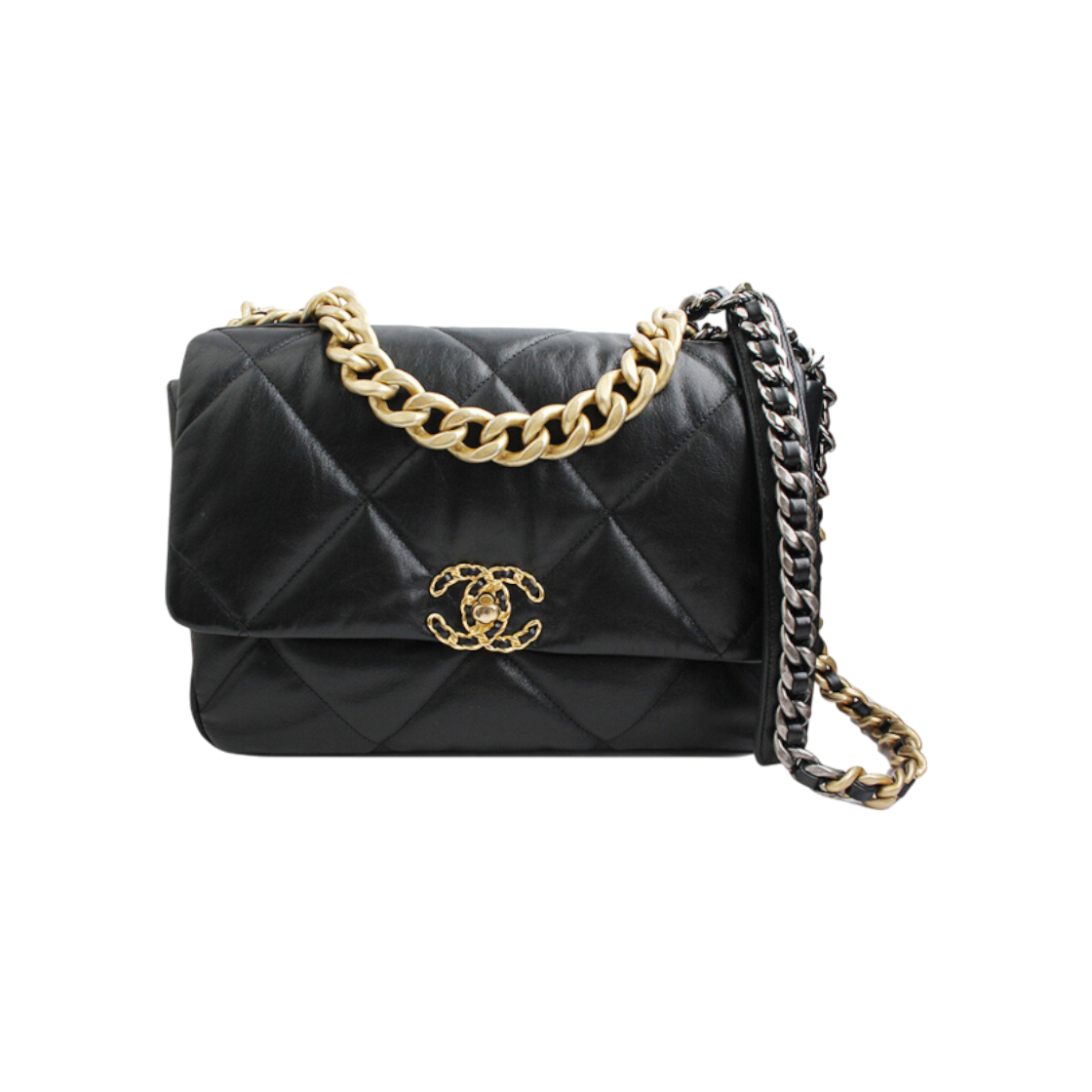 샤넬 19 블랙 램스킨 빈티지 금장 라지 숄더백(Chanel 19 Black Lambskin Vintage Gold Hardware Large Shoulder Bag)