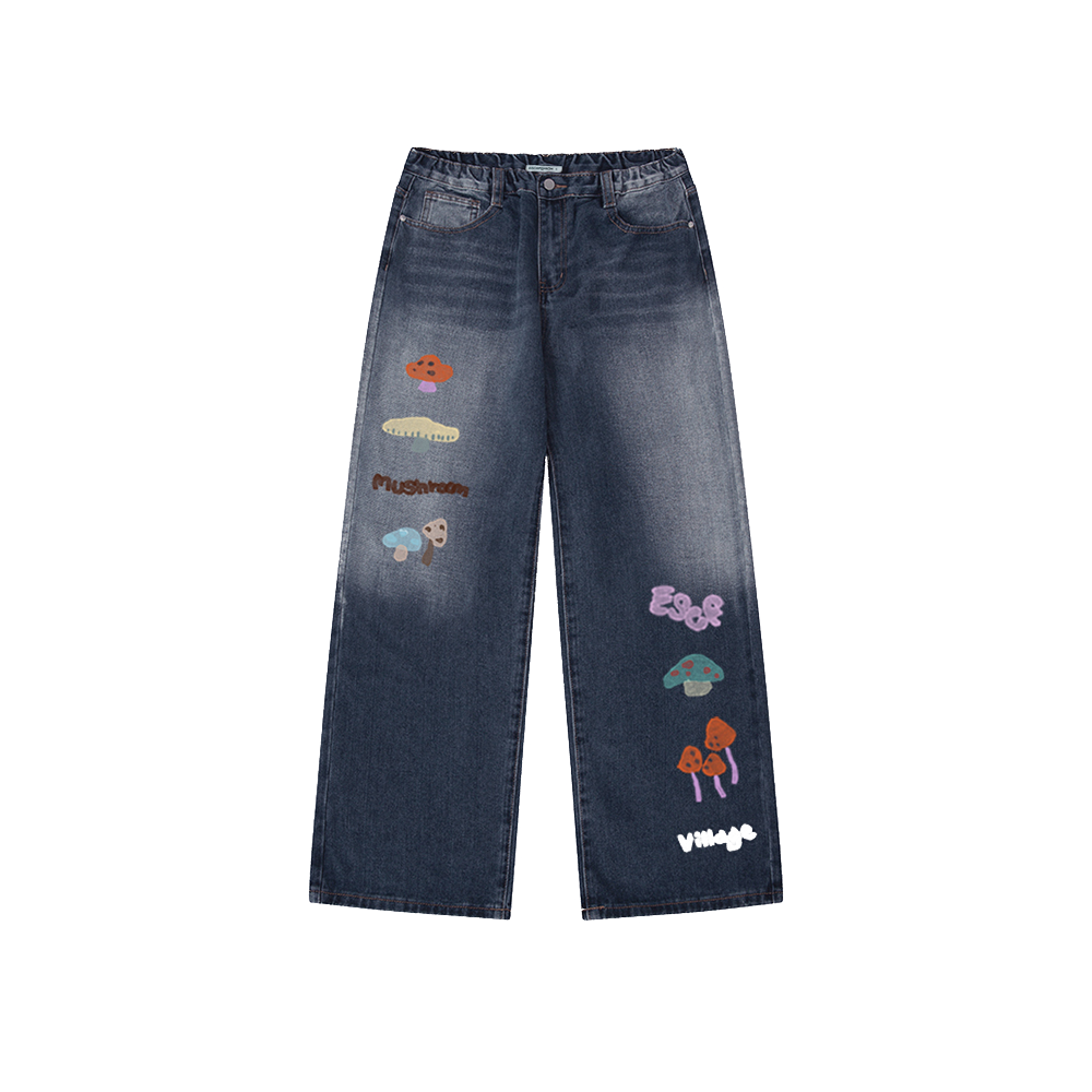 E252DP010DB Escapefrom Mushroom Village Print Banded Washed Denim Pants Deep Blue