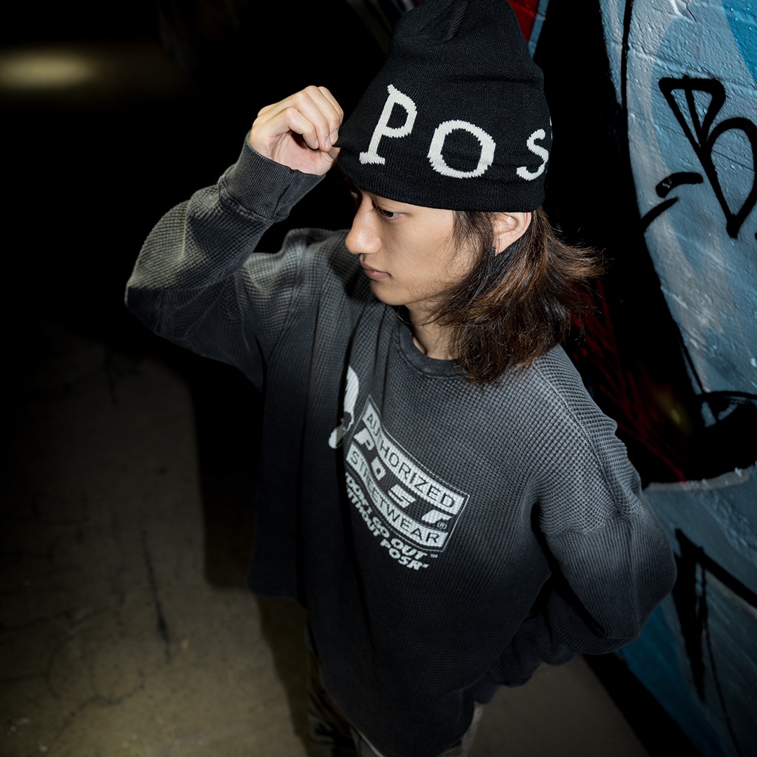 POSR Logo Beanie, POSR Overdyed POSR Waffle Tee Faded Black 착용 스타일