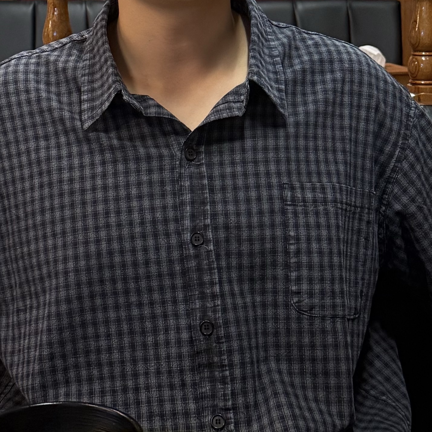 YESEYESEE Y.E.S Short Sleeve Check Shirt Navy 착용 스타일
