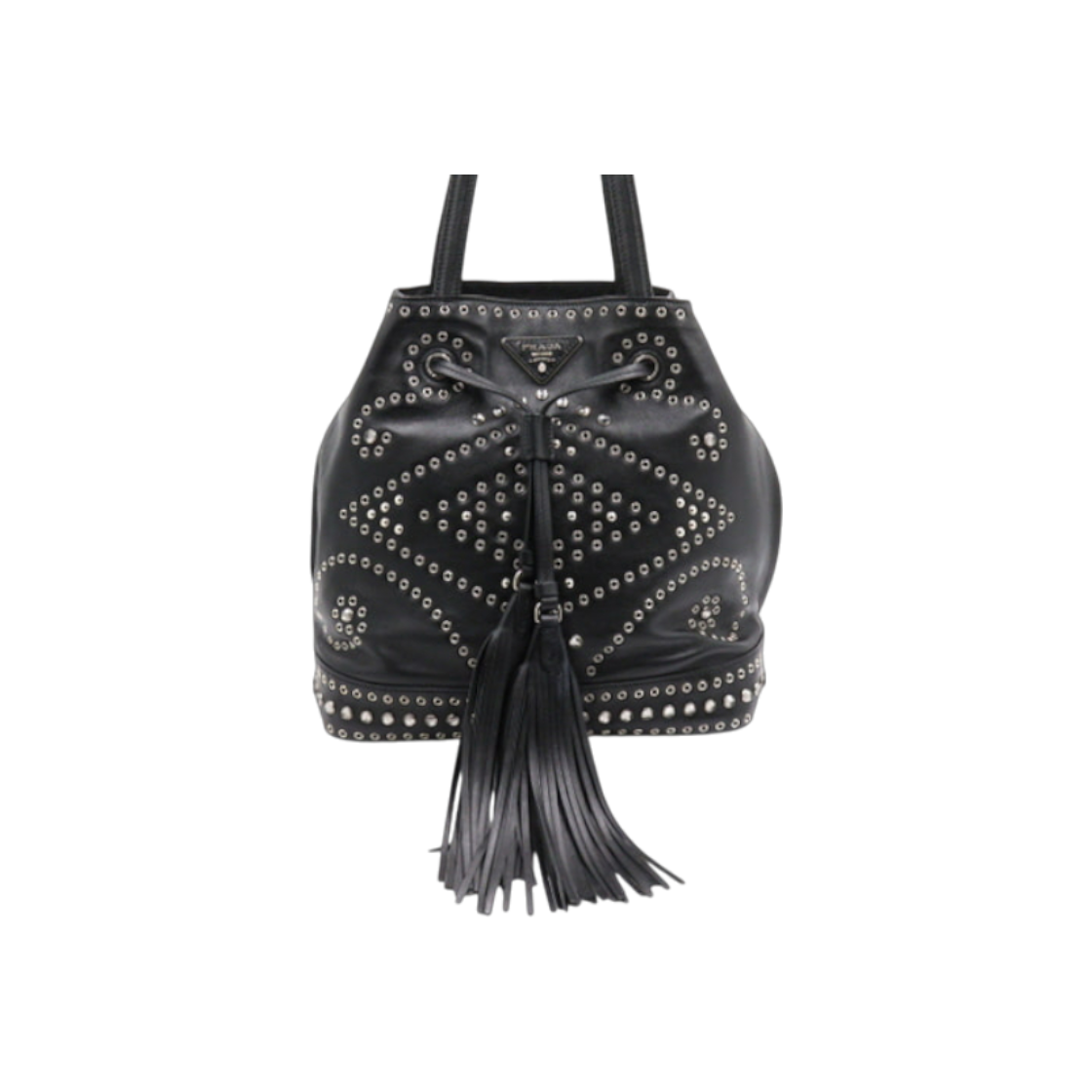 프라다 블랙 레더 크리스탈 퍼포 장식 드로스트링 버킷 숄더백 aa48618(Prada Black Leather Crystal-Embellished Drawstring Bucket Shoulder Bag AA48618) - 1