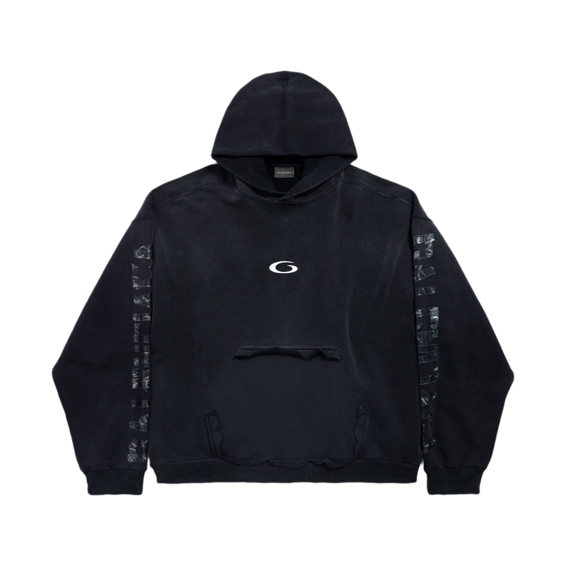 발렌시아가 트랜스패런트 테이프 립드 포켓 후드 페이디드 블랙 화이트(Balenciaga Transparent Tape Ripped Pocket Hoodie Faded Black White) - 1