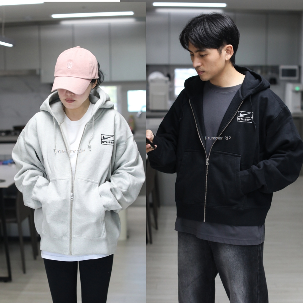 Nike x Stussy Full Zip Washed Fleece Hoodie Black (FJ9175-010), Nike x Stussy Full Zip Fleece Hoodie Grey Heather (FJ9181-050) 착용 스타일