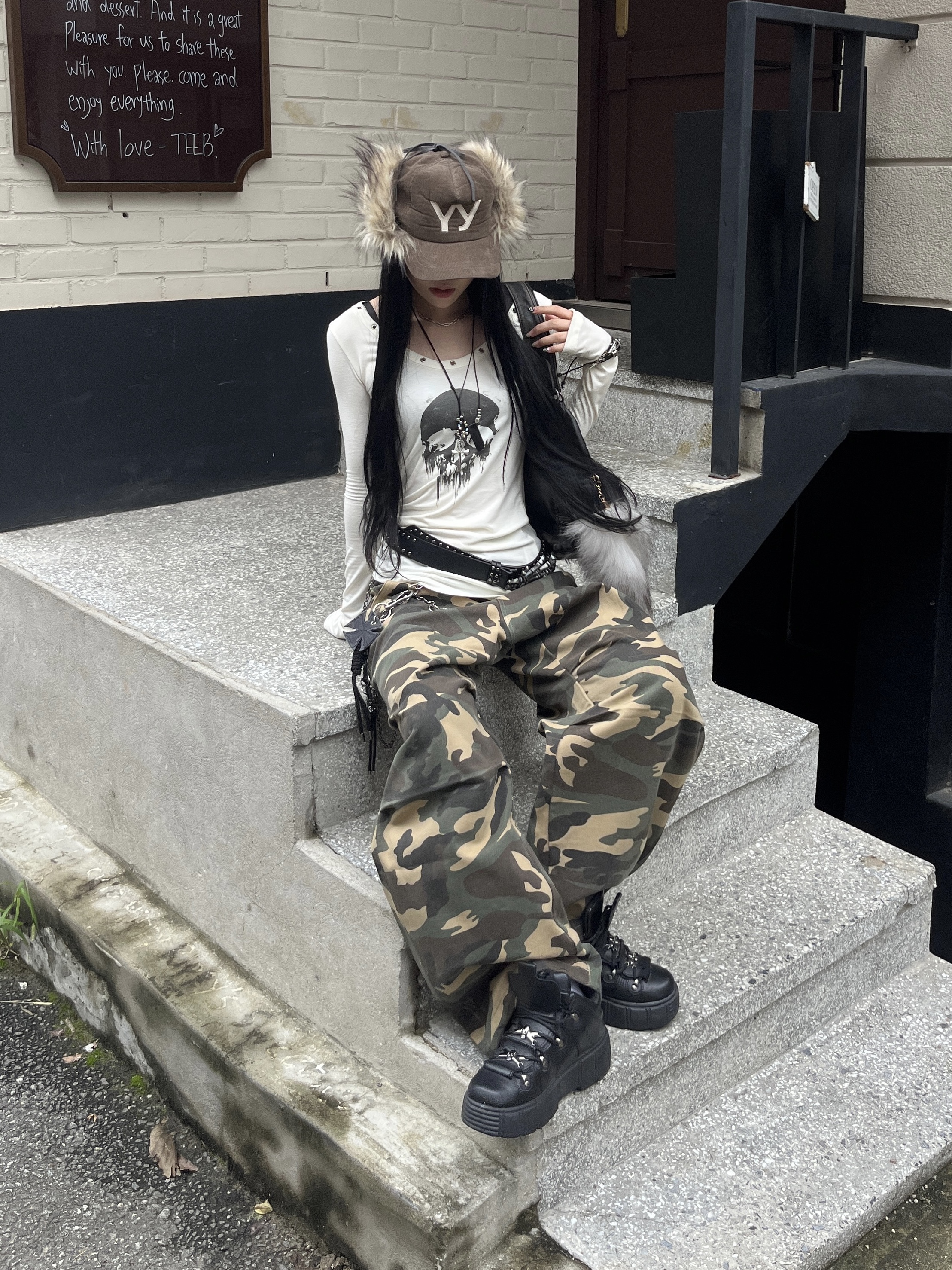 SLOW RECORD HOUSE Double Pintuck Cotton Pants Camo Vintage Green 착용 스타일 - 9