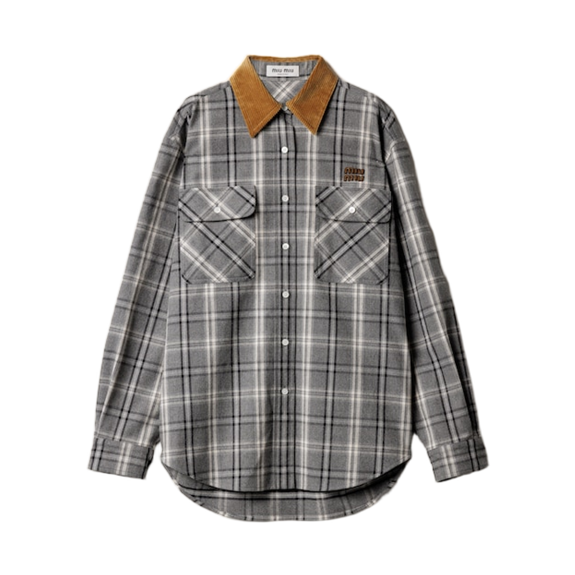 (W) 미우 미우 체크 플란넬 셔츠 슬레이트 그레이((W) Miu Miu Checked Flannel Shirt Slate Gray)