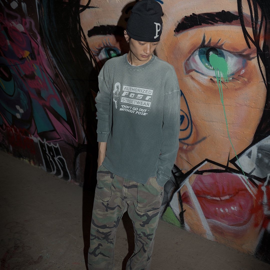 POSR Logo Beanie, POSR Overdyed POSR Waffle Tee Faded Green 착용 스타일