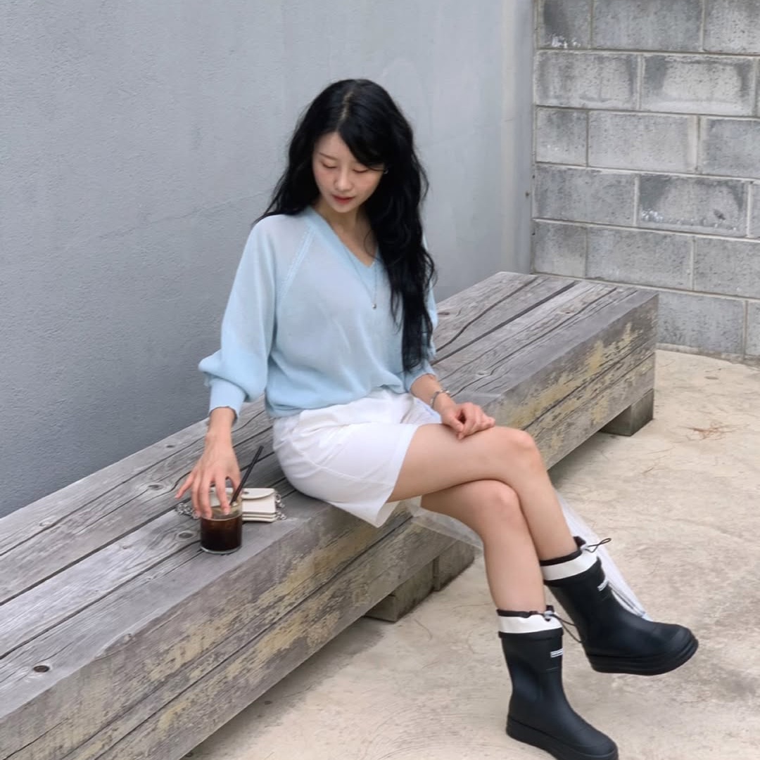 earpearp Sheer String Rain Boots Middle Black 착용 스타일 - 1