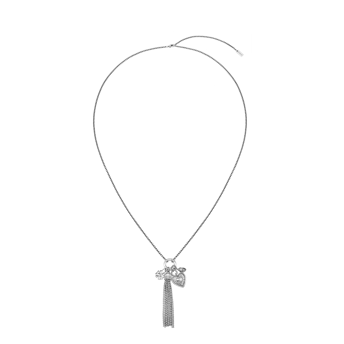 25B10N013-1 TEE RING JAY Tassel & Charms Long Necklace Silver