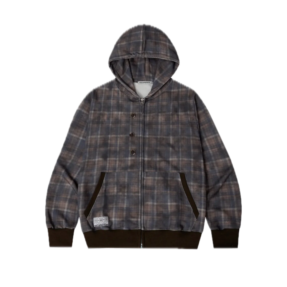 E252HZ043RR Escapefrom Dusty Check Full Print Button Point Two-Way Hood Zip-Up Brown