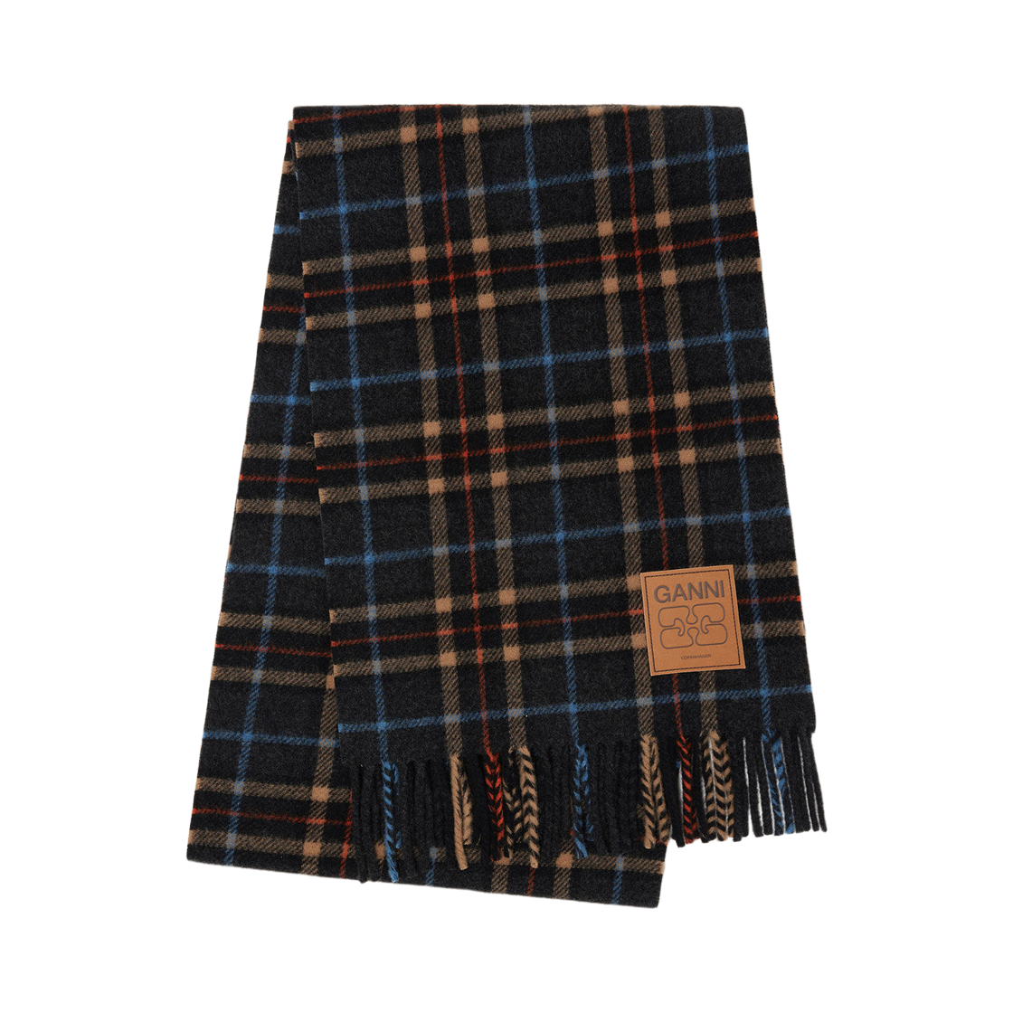 A6933-220 Ganni Check Wool Scarf Charcoal Grey