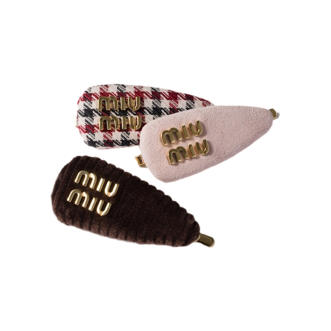 5IF188-2IEK-F04UL (W) Miu Miu Checked Fabric Corduroy and Suede Hair Barrettes Amaranth Peach Ebony