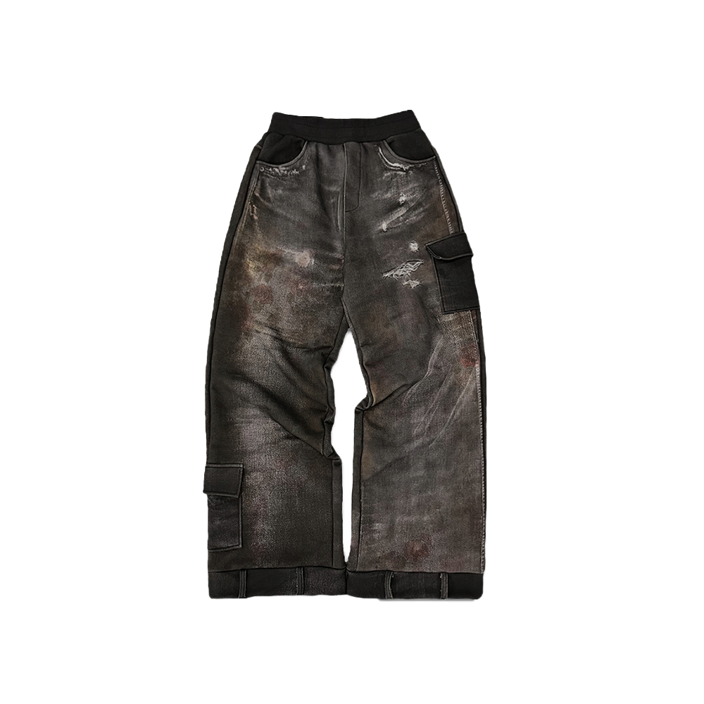 E252FDS001 Escapefrom Flower Washed Denim Printed Sweat Pants Black