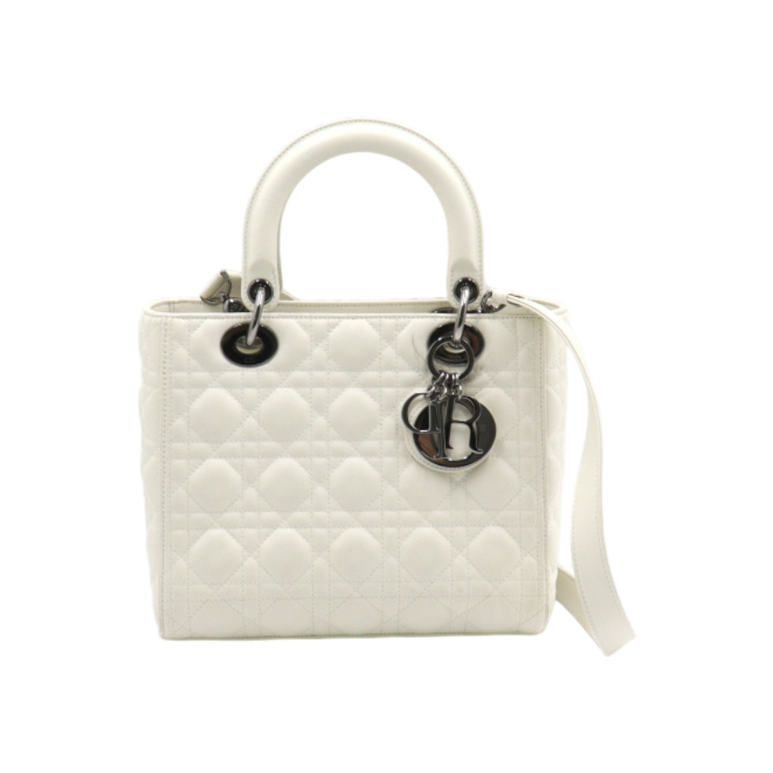 ITJ7PJMHI9SM Dior Medium Lady Dior Lambskin Tote & Shoulder Bag in White