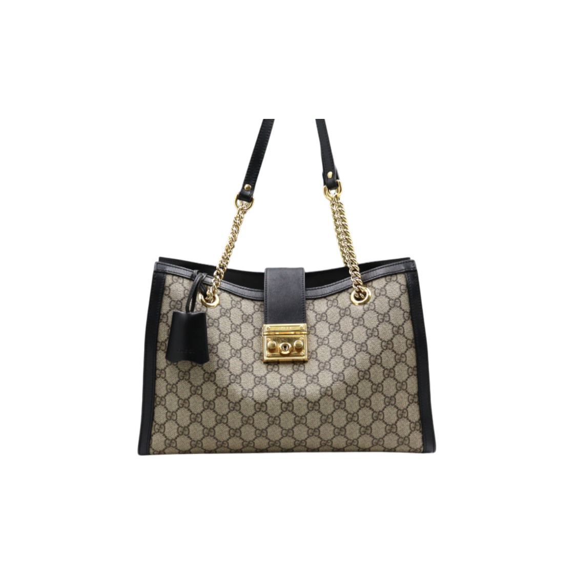 ITONJDN6OJIJ Gucci GG Supreme Black Trim Padlock Medium Shoulder Bag with Gold Chain