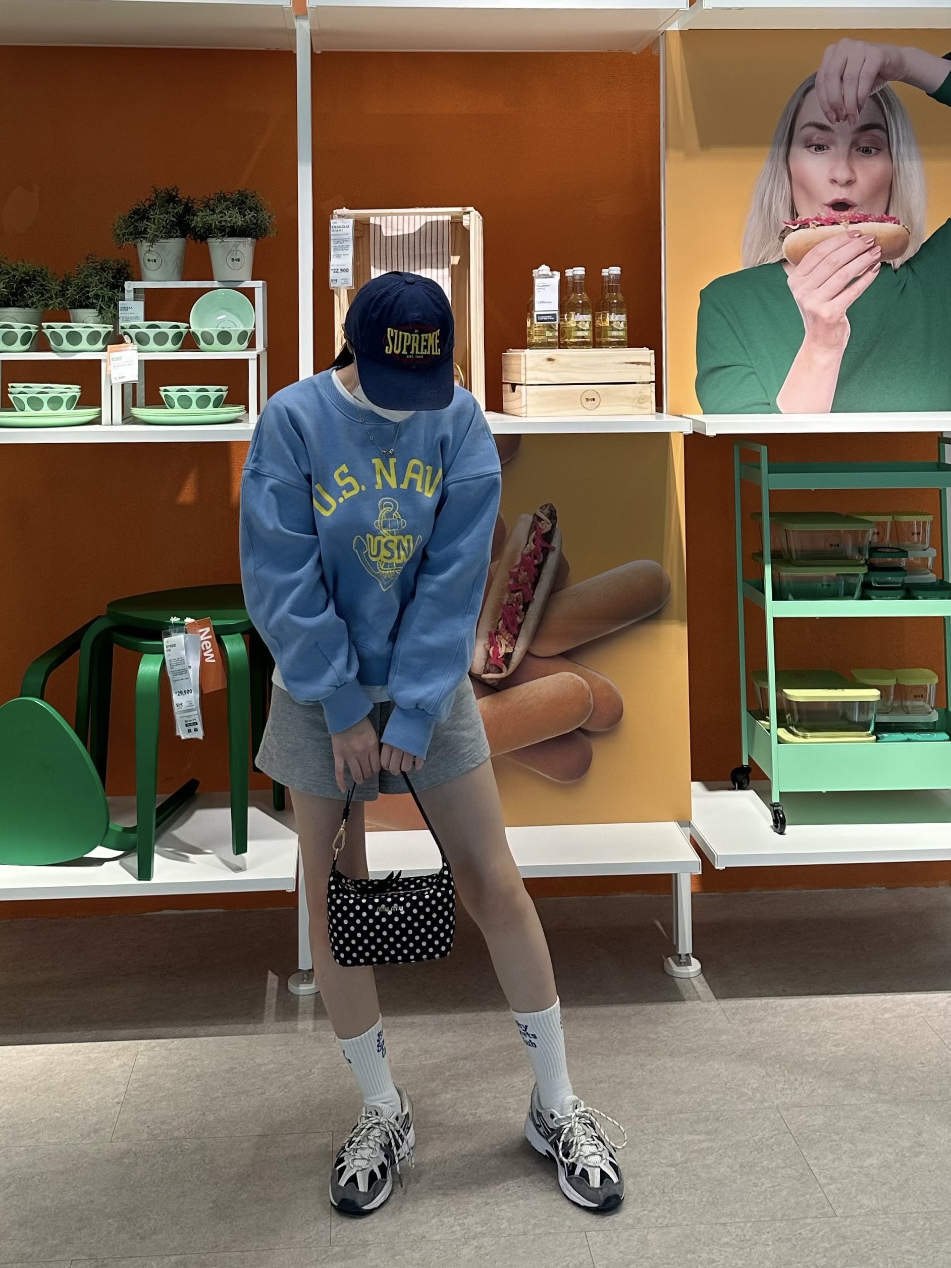Miu Miu Spirit Printed Faille Mini Bag Royal Blue Ivory, Asics Gel-Sonoma 15-50 French Blue 착용 스타일 - 1