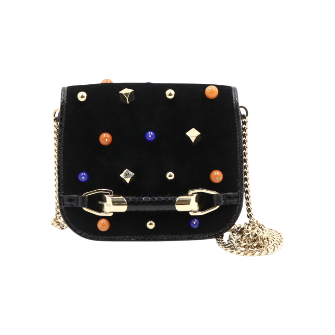 ITVS9A9Q2NTE Jimmy Choo Studded Patch Black Suede Flap Gold Chain Shoulder and Crossbody Bag