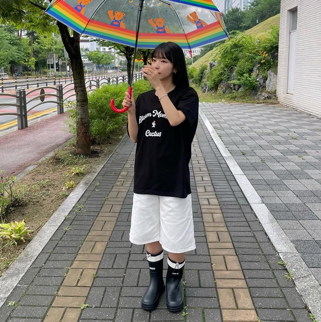 earpearp Sheer String Rain Boots Middle Black 착용 스타일 - 1