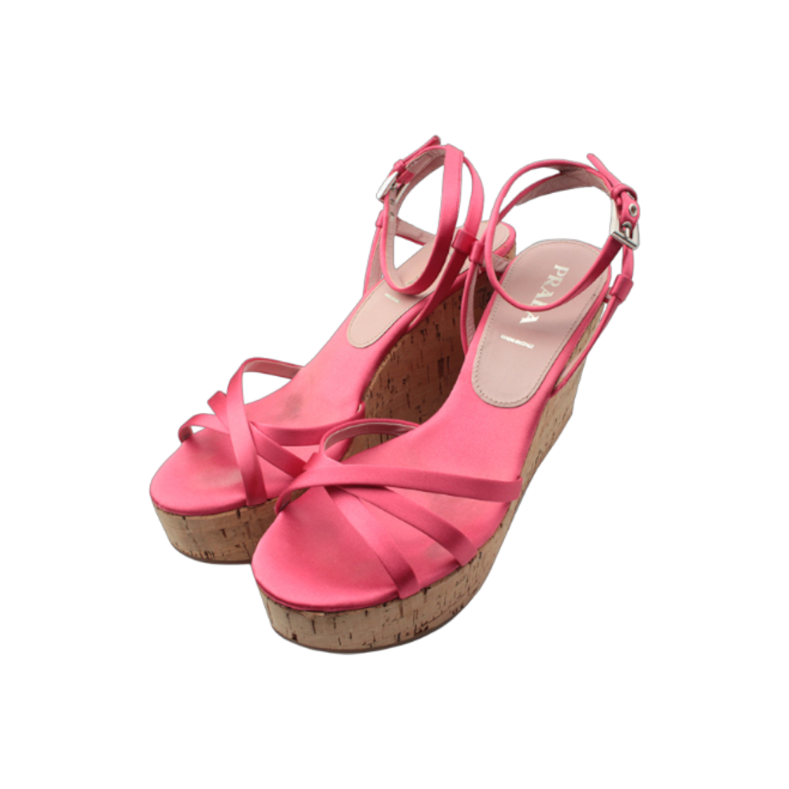 프라다 푸시아 새틴 웨지 샌들 38.5 사이즈(Prada Fuchsia Satin Wedge Sandals Size 38.5)