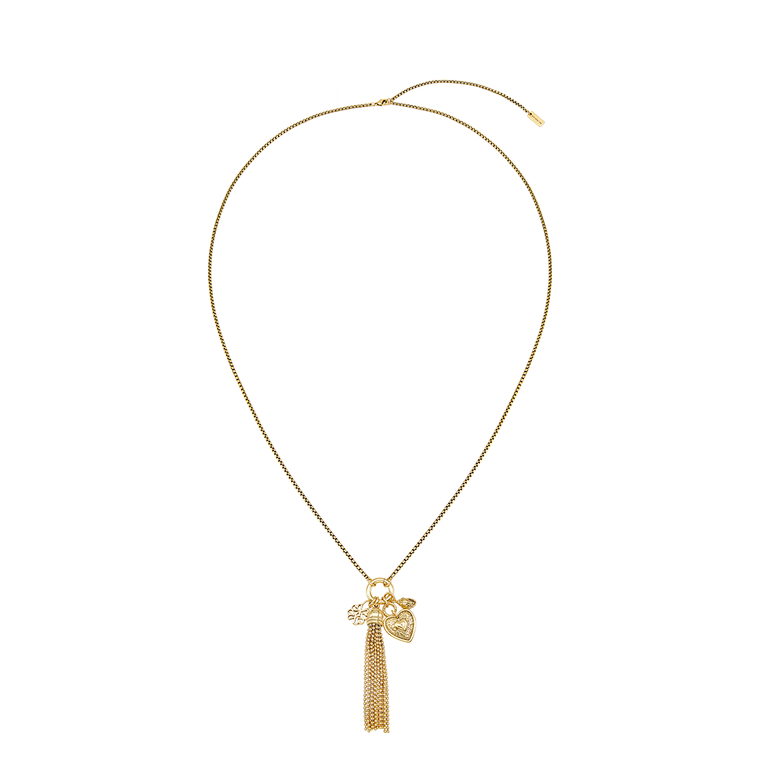 25B10N013-2 TEE RING JAY Tassel & Charms Long Necklace Gold
