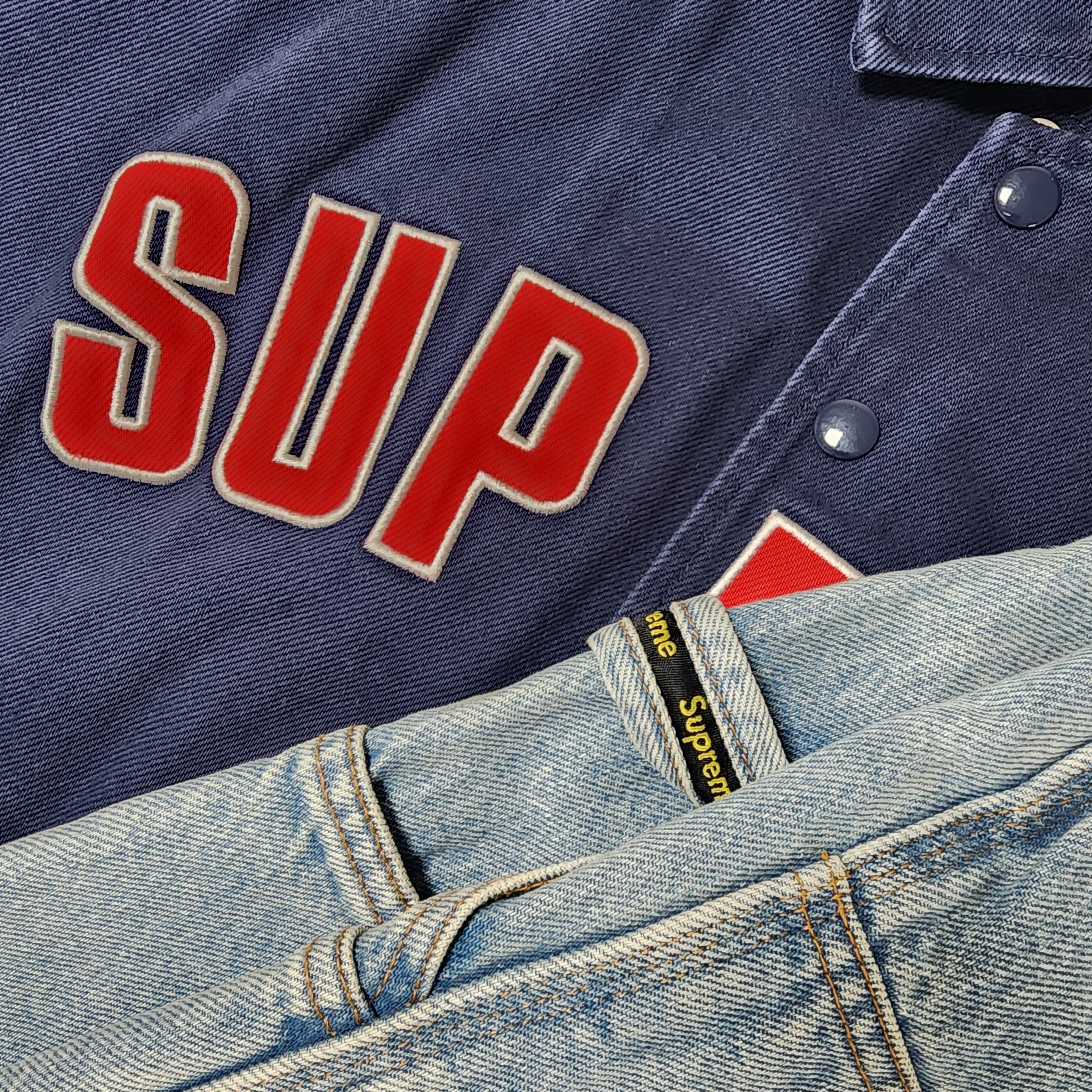 Supreme Arc Denim Coaches Jacket Navy - 24SS, Supreme Double Knee Painter Pant Washed Blue - 23SS 착용 스타일