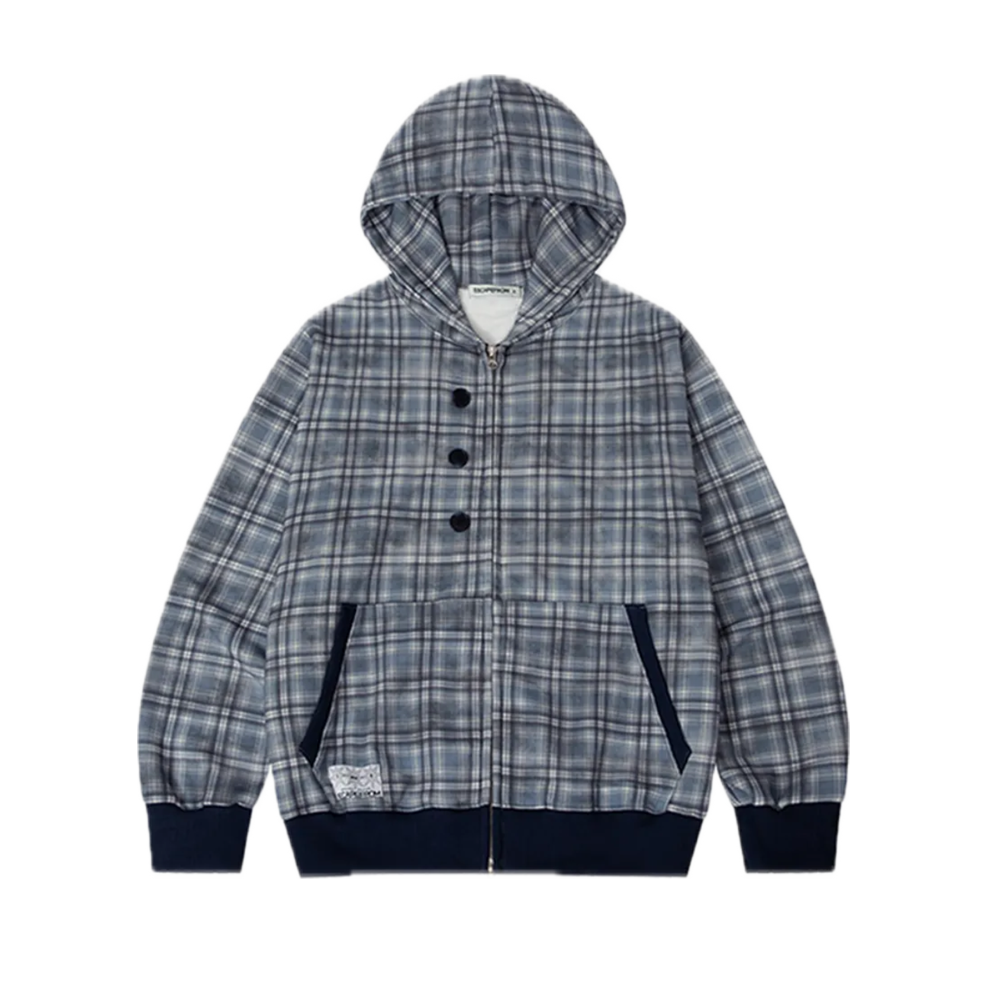 E252HZ042RR Escapefrom Dusty Check Full Print Button Point Two-Way Hood Zip-Up Deep Blue