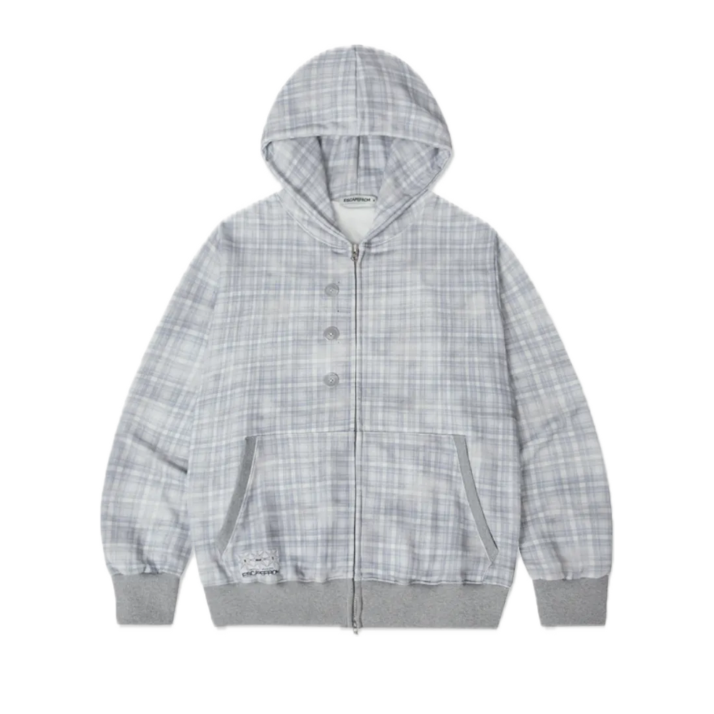 E252HZ041RR Escapefrom Dusty Check Full Print Button Point Two-Way Hood Zip-Up Light Blue