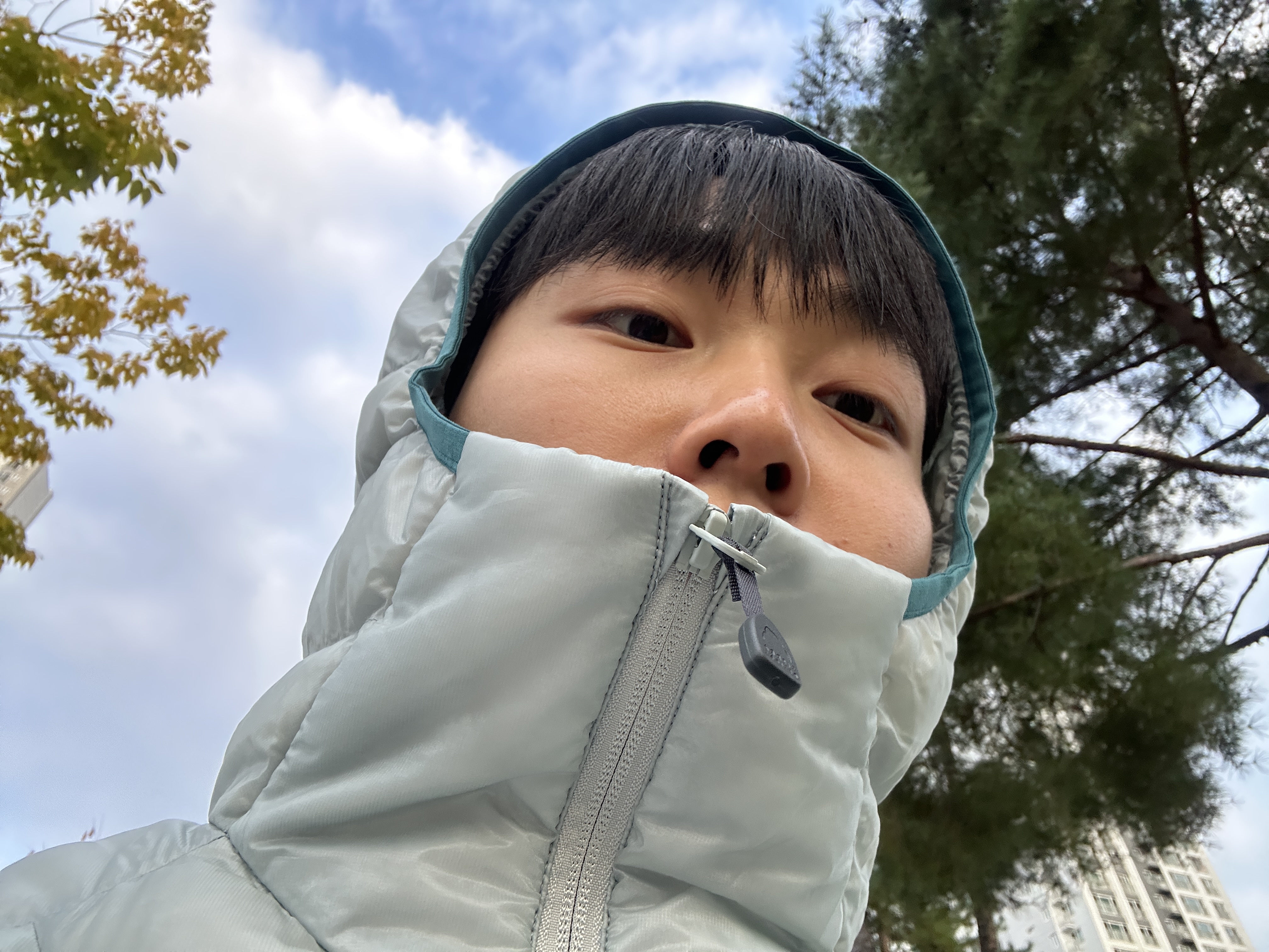 SIERRA DESIGNS Muir Lightweight Goose Down Hooded Jacket Light Grey 착용 스타일