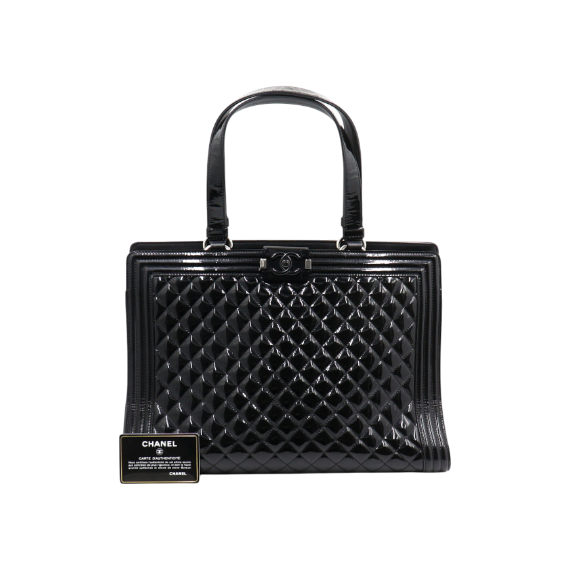 ITAG4E8BKL3N Chanel Black Patent Boy Chanel Quilted Shopping Tote
