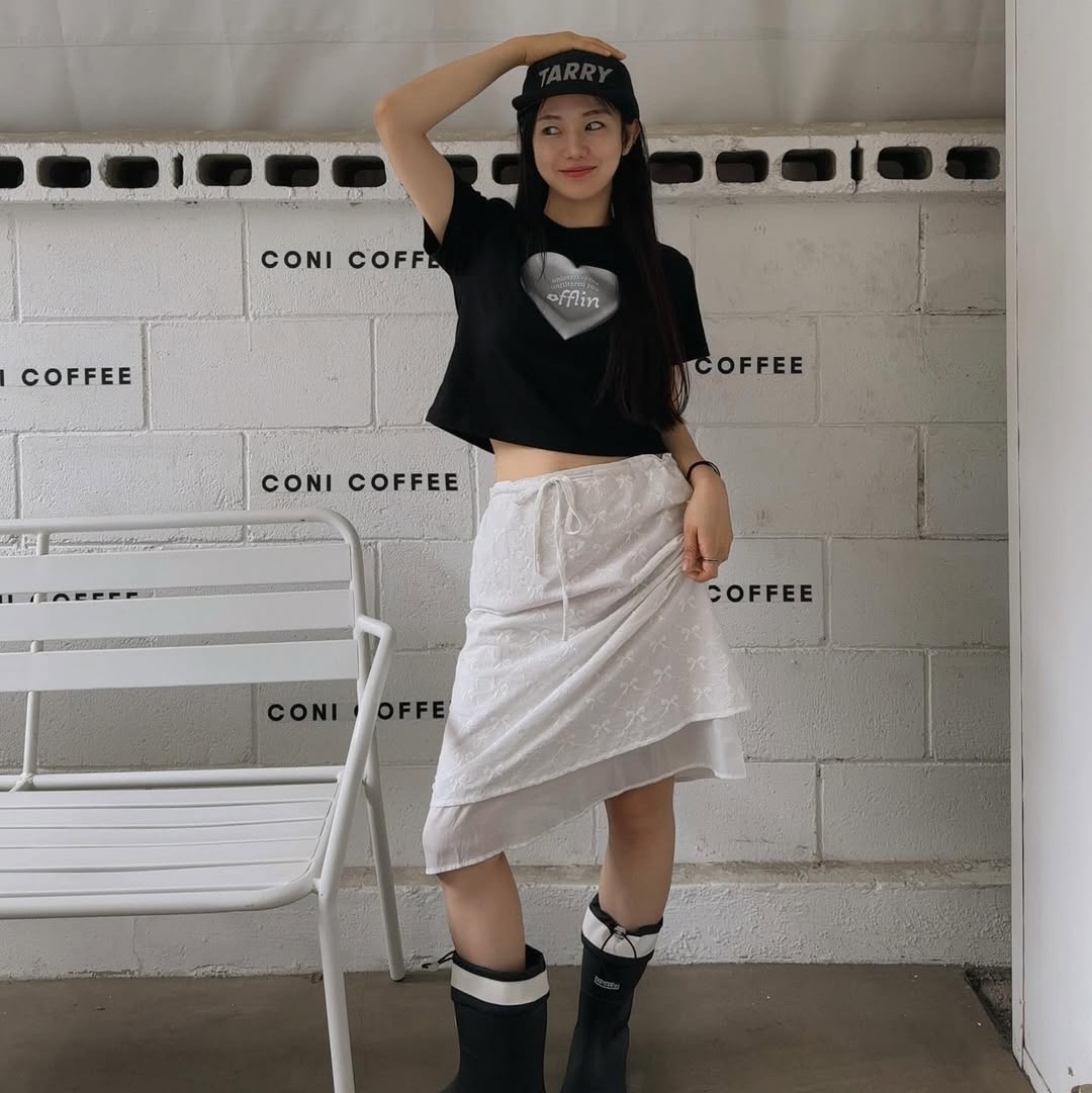 earpearp Sheer String Rain Boots Middle Black 착용 스타일 - 1